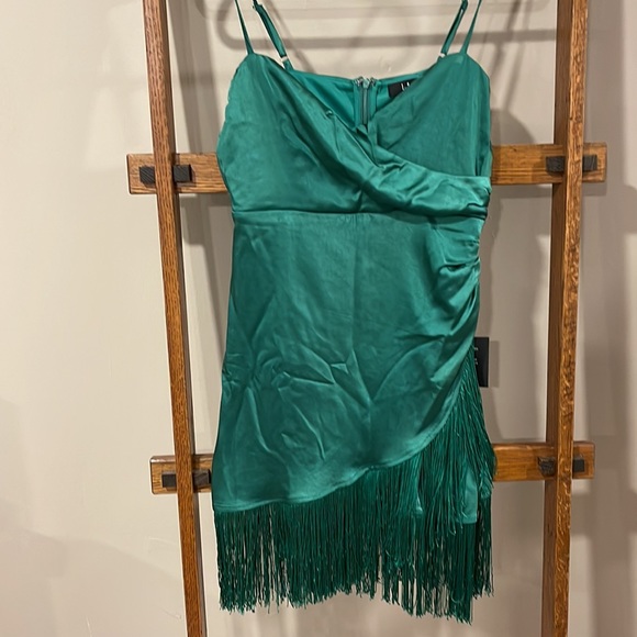 Best Fringe Forever Green Fringe Satin Mini Dress - Picture 3 of 5